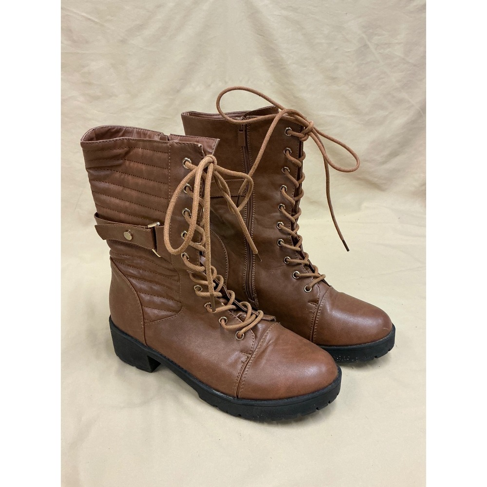Forever Brown Combat Boots Lace Up Side Zip Quilted Buckle Lug Sole Size 10